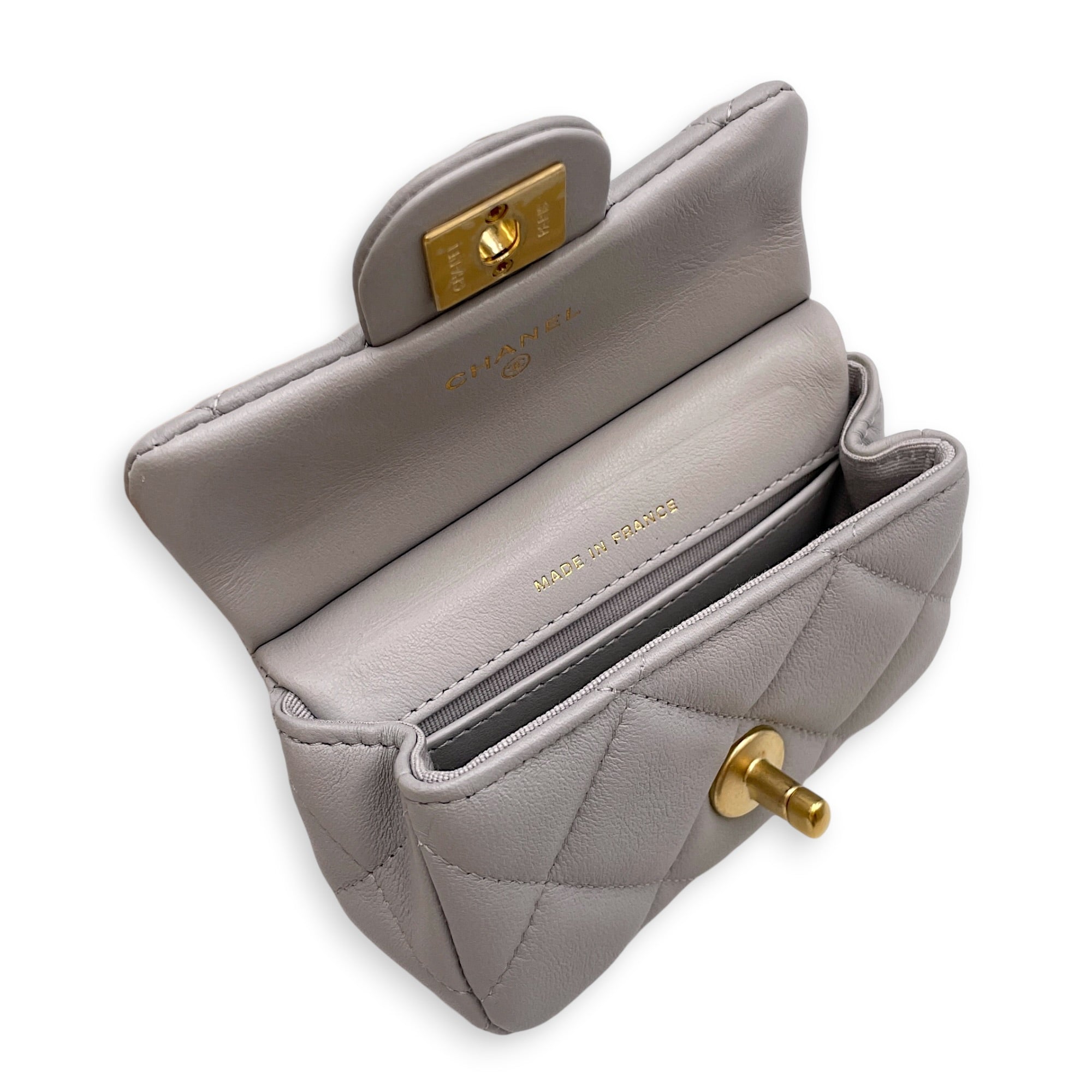 Lady Handle Flap Card Holder Grey Crossbody Bag in Calfskin Gold hardware CL2605-21121 7