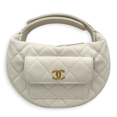 Quilted Polly Pocket Pouch Hobo Mini White Top Handle Bag in Caviar Leather Gold hardware CL2605-21123 1