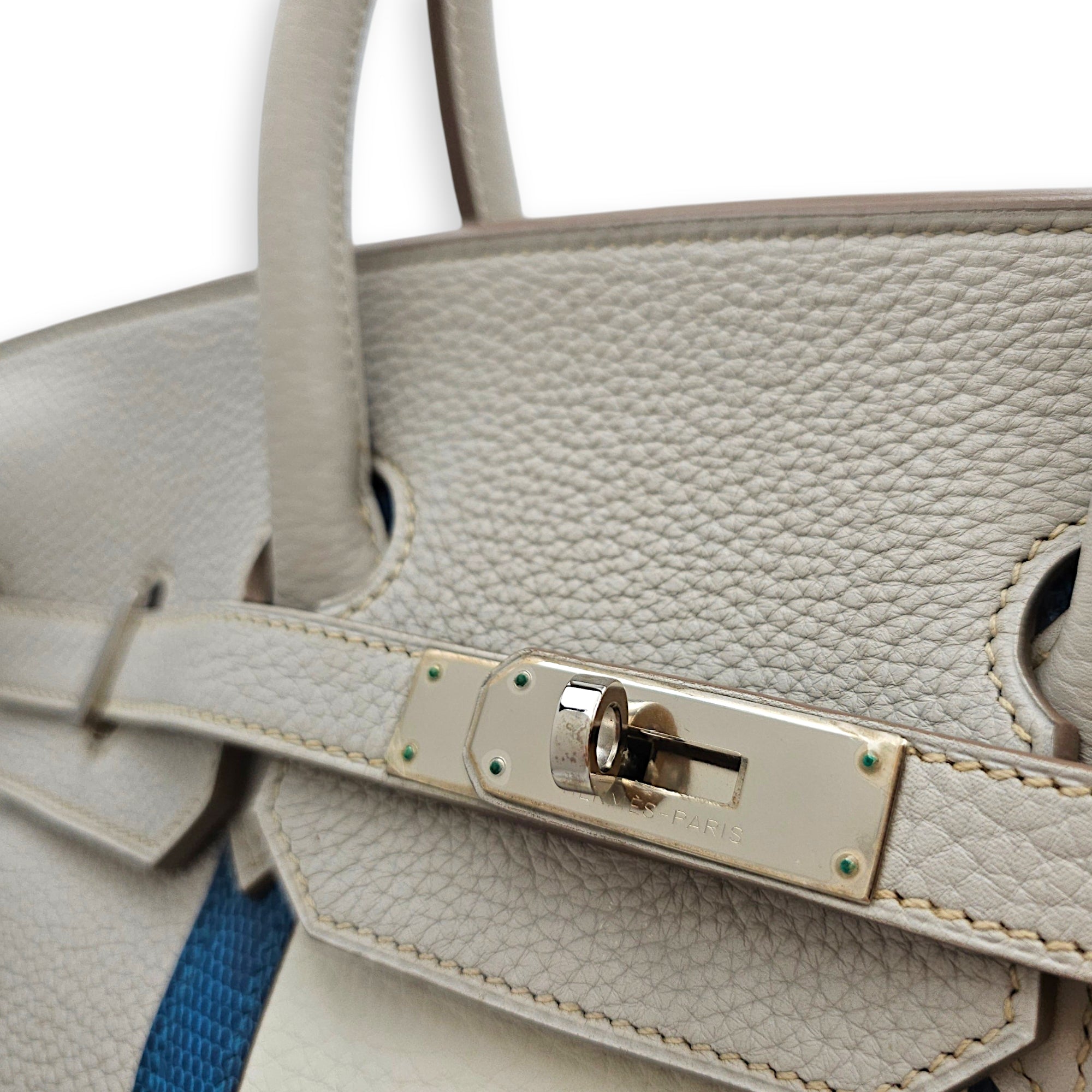 Club Birkin 35 Gris Perle/Mykonos/Blanc in Clemence/Lizard Palladium hardware