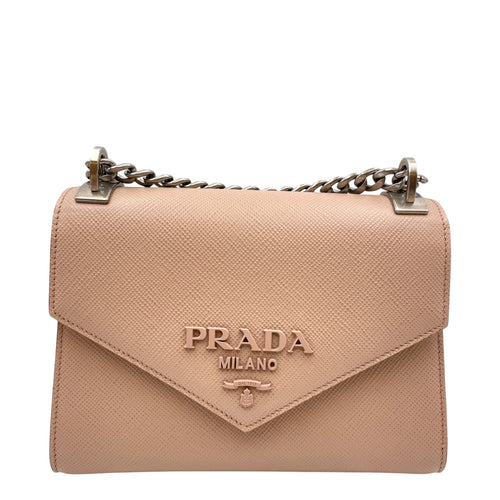 Cuir Monochrome Chain Beige Crossbody Bag in Saffiano Leather Silver hardware