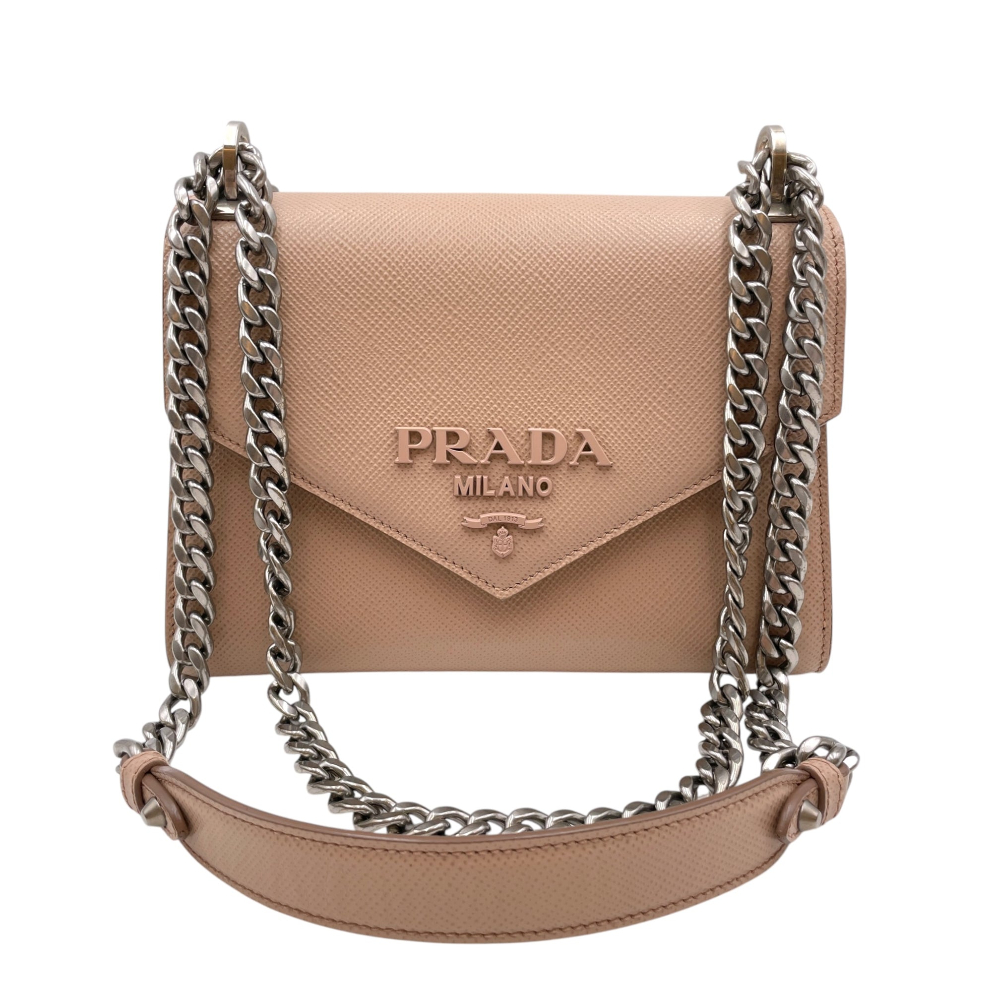 Cuir Monochrome Chain Beige Crossbody Bag in Saffiano Leather Silver hardware