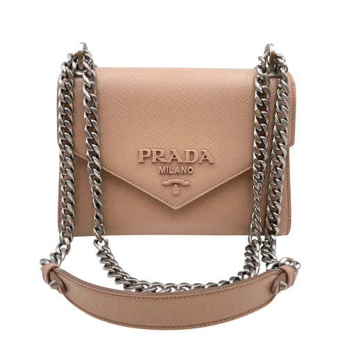 Cuir Monochrome Chain Beige Crossbody Bag in Saffiano Leather Silver hardware