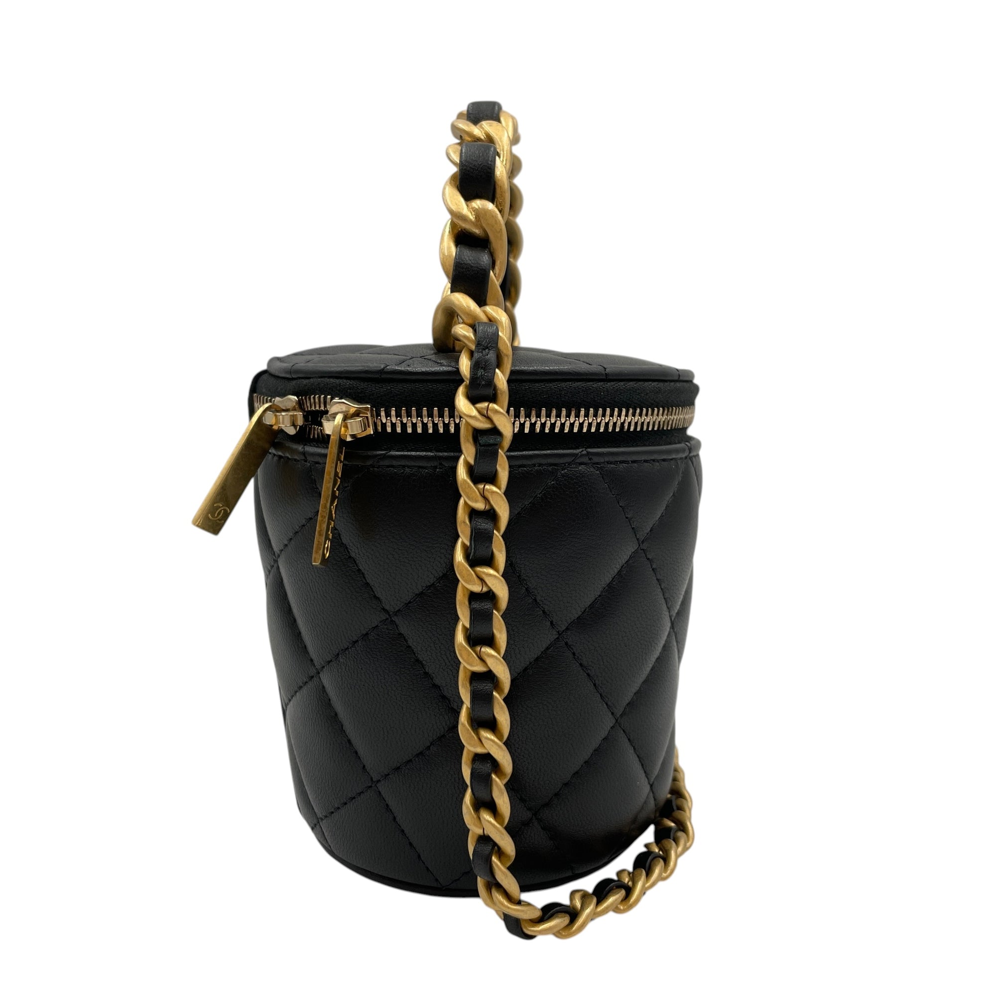 Round Vanity Black Crossbody Bag in Lambskin Gold hardware