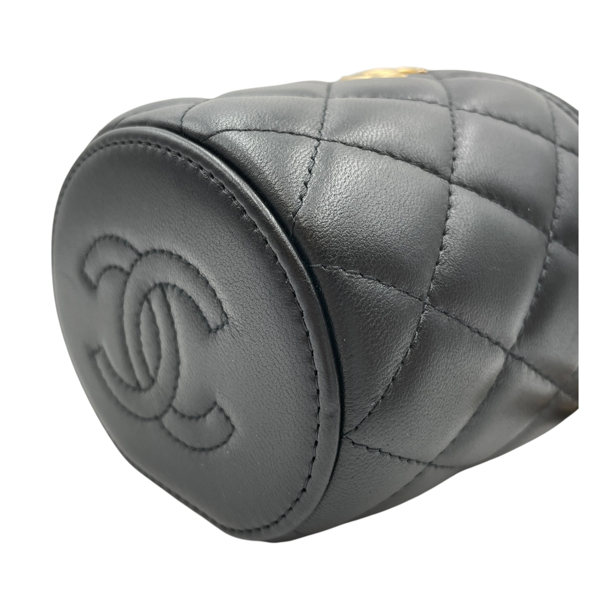Round Vanity Black Crossbody Bag in Lambskin Gold hardware