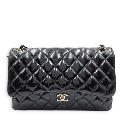 Classic Double Flap Jumbo Black Shoulder Bag in Patent Leather Silver hardware