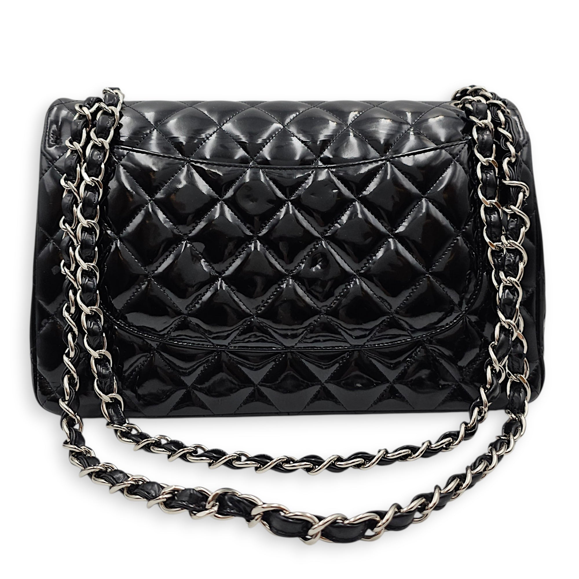 Classic Double Flap Jumbo Black Shoulder Bag in Patent Leather Silver hardware