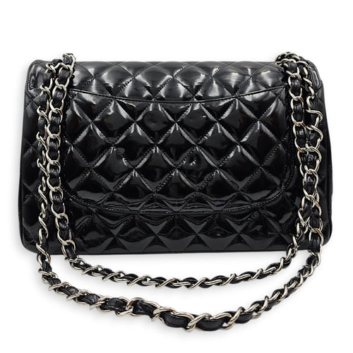 Classic Double Flap Jumbo Black Shoulder Bag in Patent Leather Silver hardware