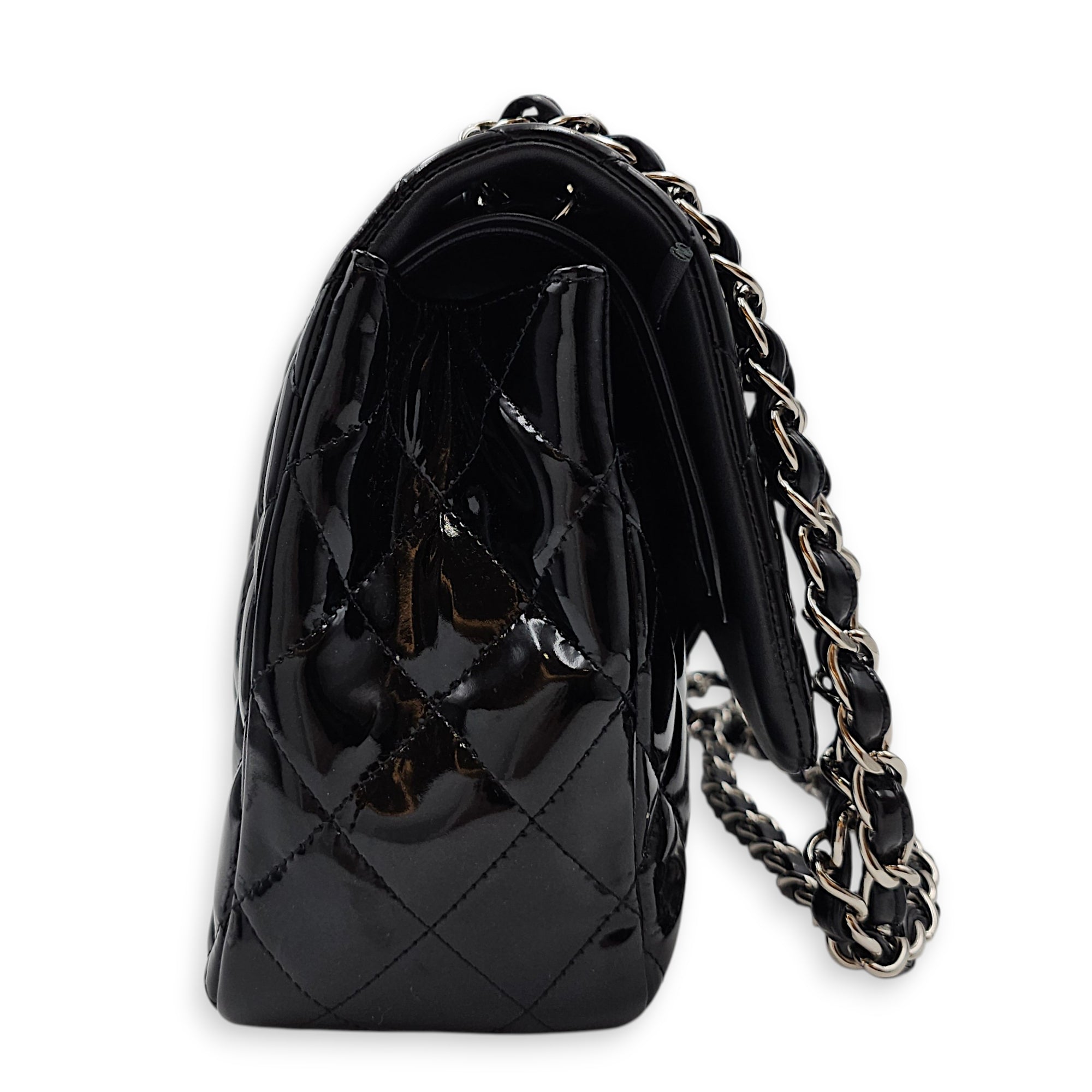 Classic Double Flap Jumbo Black Shoulder Bag in Patent Leather Silver hardware