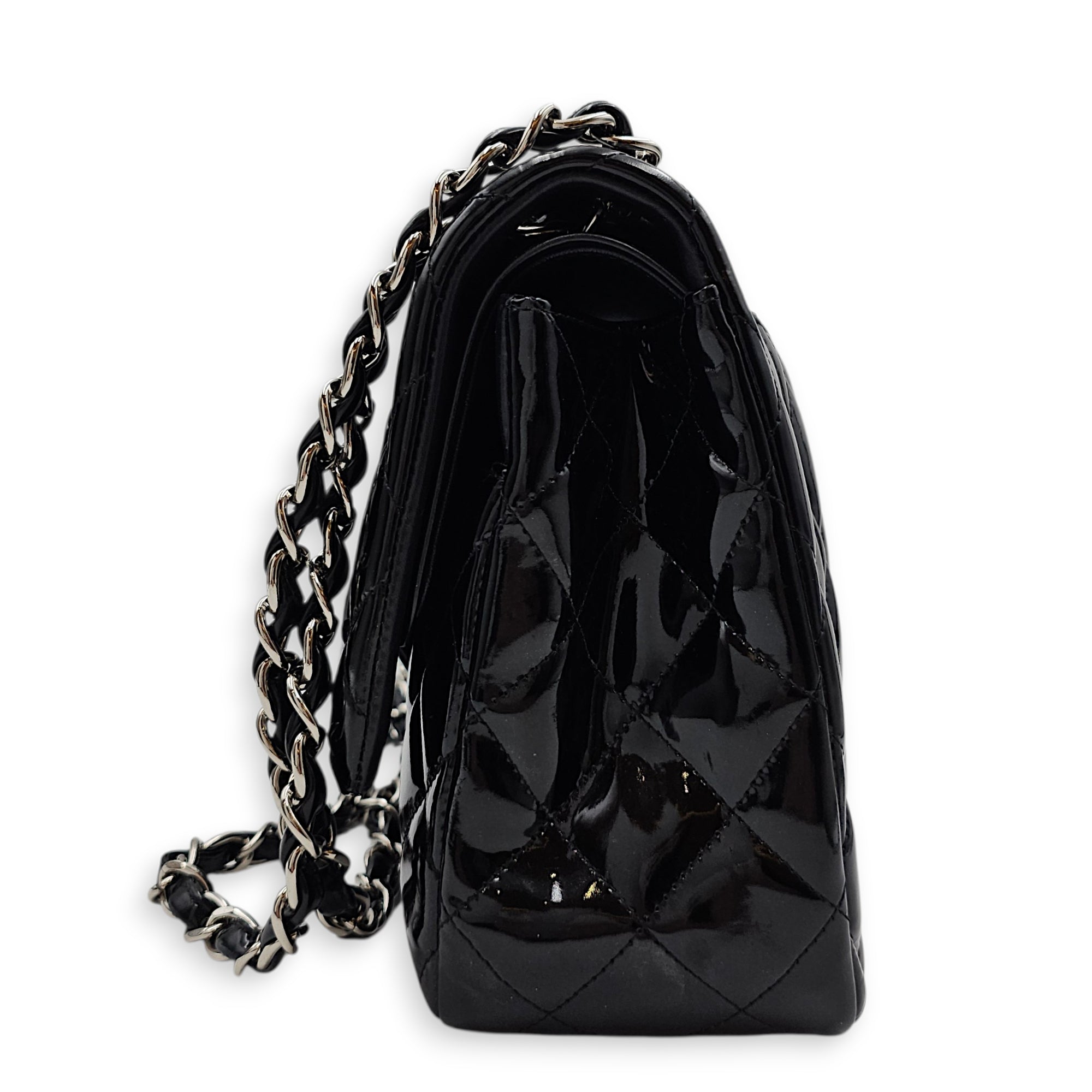 Classic Double Flap Jumbo Black Shoulder Bag in Patent Leather Silver hardware