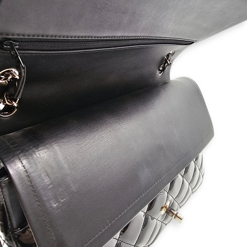 Classic Double Flap Jumbo Black Shoulder Bag in Patent Leather Silver hardware