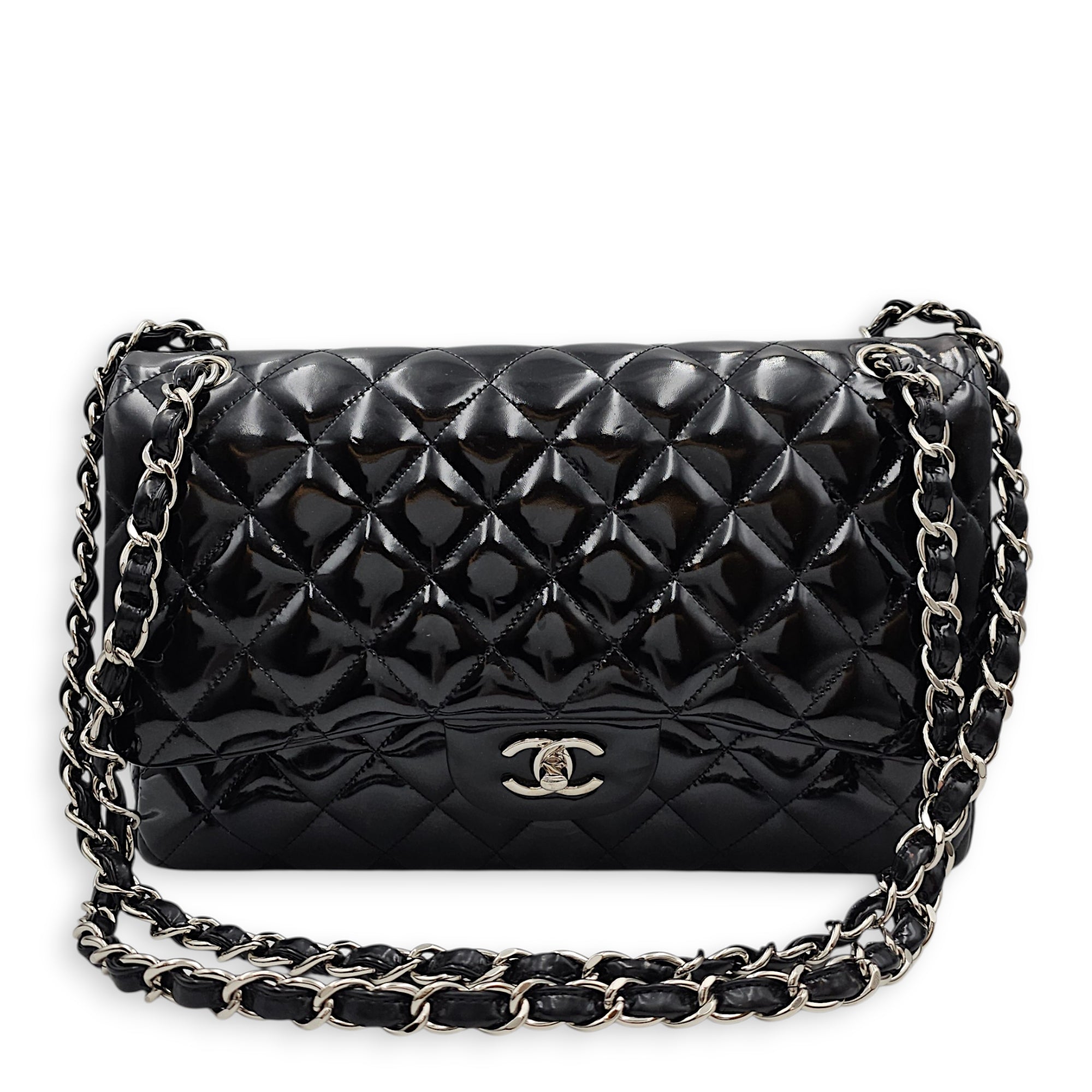Classic Double Flap Jumbo Black Shoulder Bag in Patent Leather Silver hardware