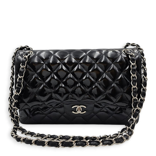 Classic Double Flap Jumbo Black Shoulder Bag in Patent Leather Silver hardware