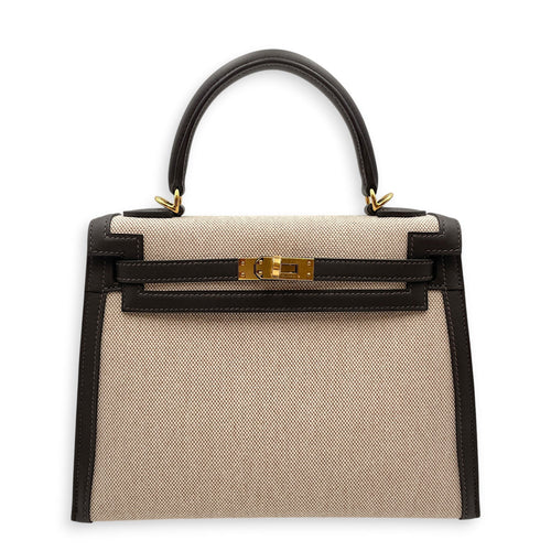 Sellier Kelly 25 Bai Brun/Ecru-Beige in Swift/Toile Gold hardware CL2605-21301 1