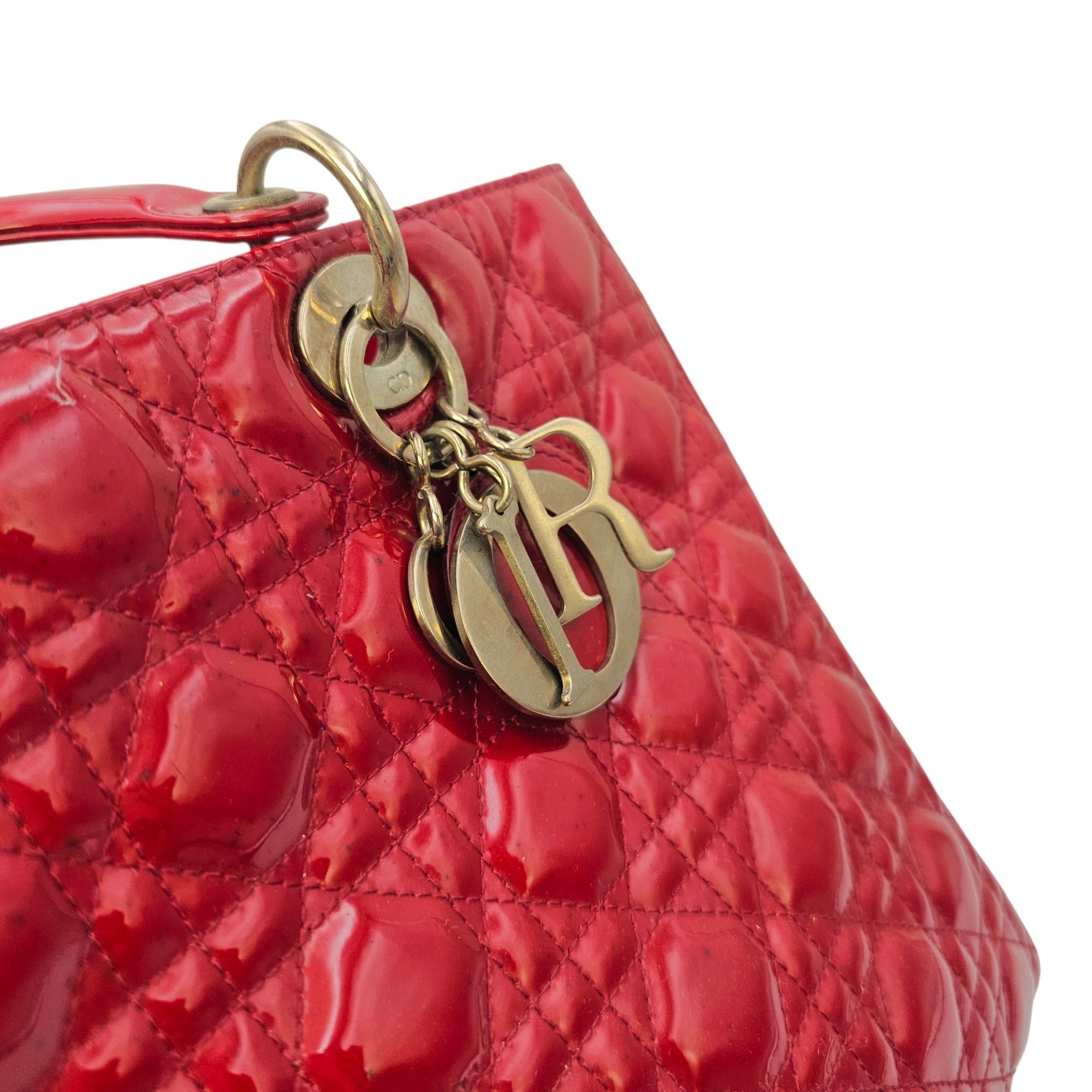 Lady Dior Large Red Top Handle Bag in Patent Leather Silver hardware