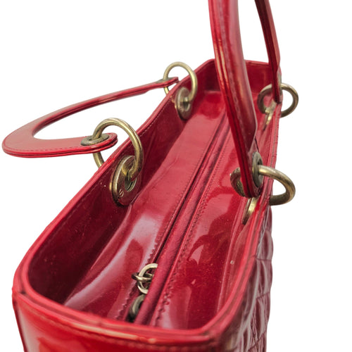 Lady Dior Large Red Top Handle Bag in Patent Leather Silver hardware