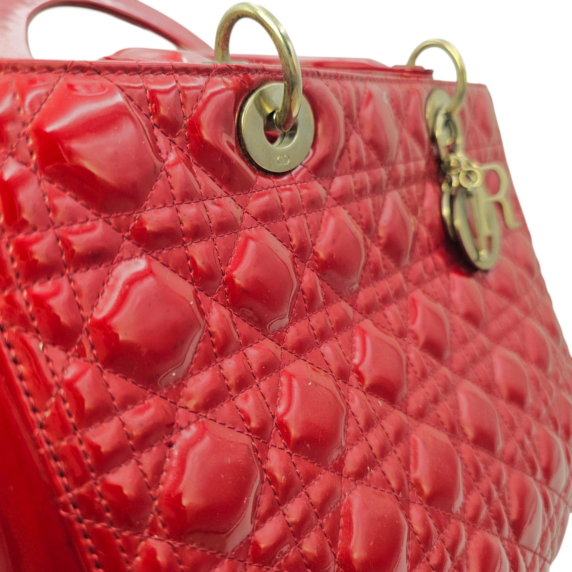 Lady Dior Large Red Top Handle Bag in Patent Leather Silver hardware CL2605-21309 18