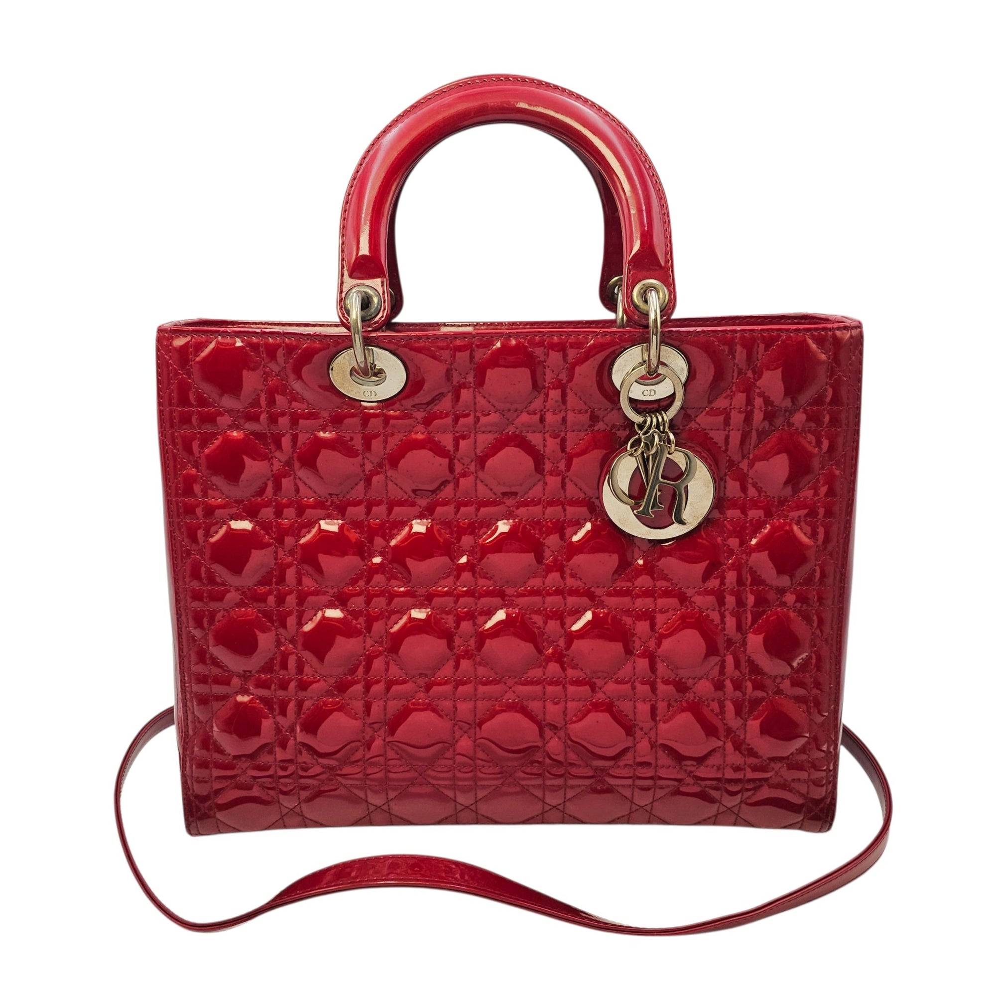 Lady Dior Large Red Top Handle Bag in Patent Leather Silver hardware
