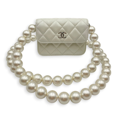 Wallet on Chain with Pearl Mini White Crossbody Bag in Lambskin Silver hardware