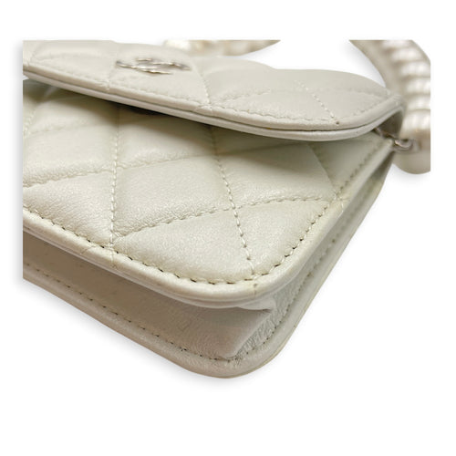 Wallet on Chain with Pearl Mini White Crossbody Bag in Lambskin Silver hardware
