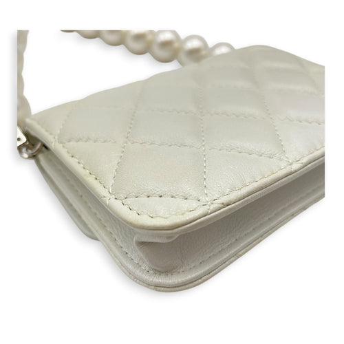 Wallet on Chain with Pearl Mini White Crossbody Bag in Lambskin Silver hardware