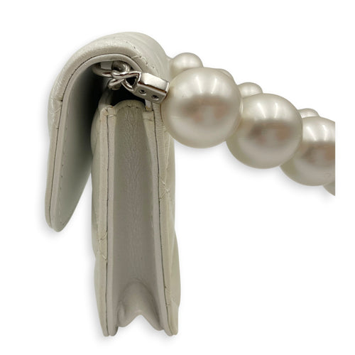 Wallet on Chain with Pearl Mini White Crossbody Bag in Lambskin Silver hardware