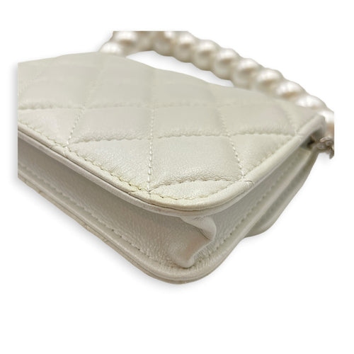 Wallet on Chain with Pearl Mini White Crossbody Bag in Lambskin Silver hardware