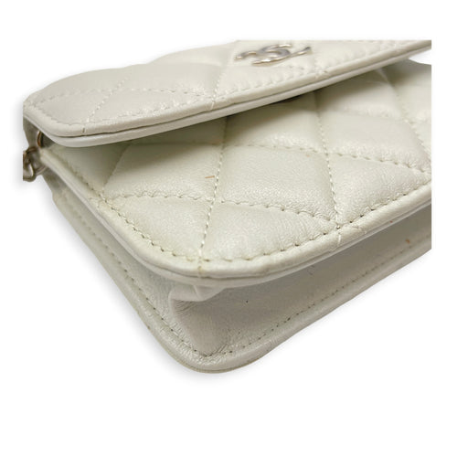 Wallet on Chain with Pearl Mini White Crossbody Bag in Lambskin Silver hardware