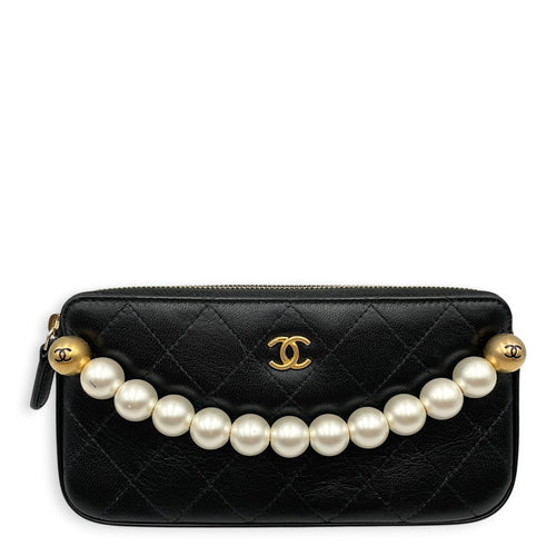 Chic Pearls Black Wallet On Chain in Goat Leather Gold hardware