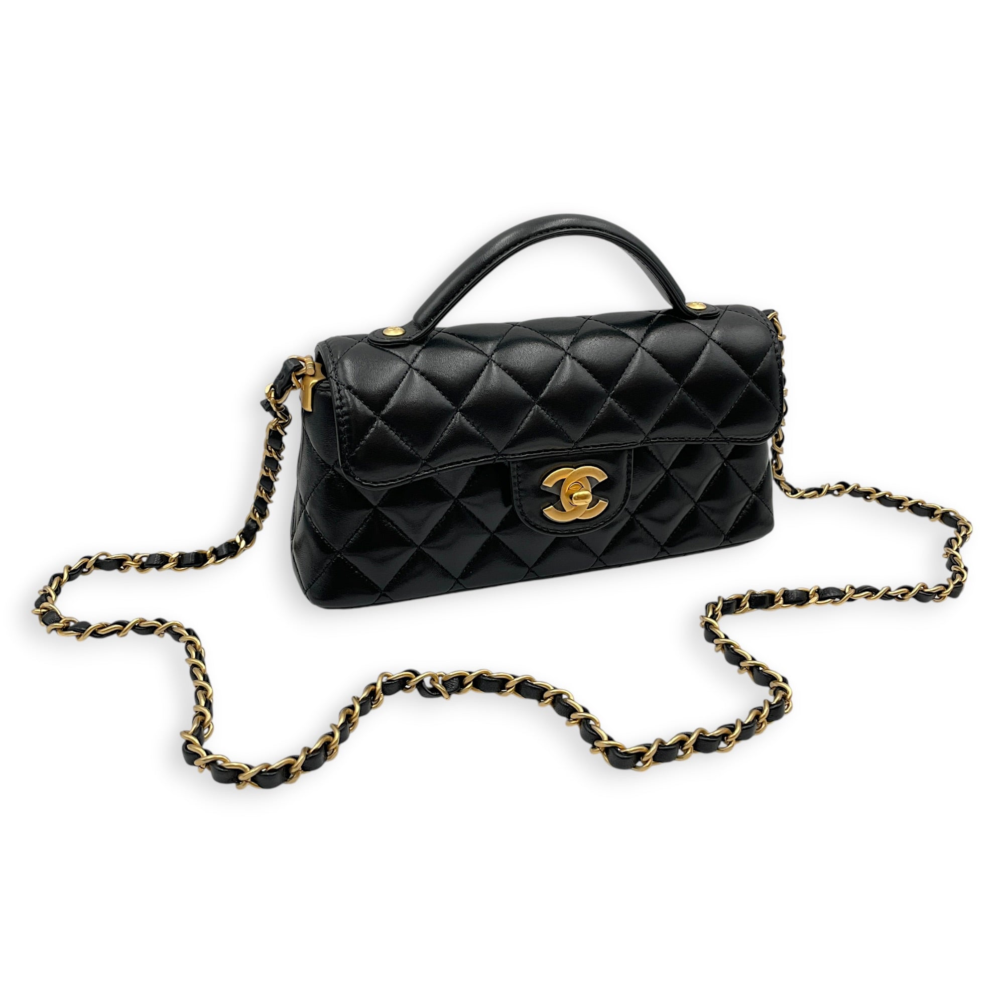 Quilted Top Handle Mini Black Crossbody Bag in Lambskin Gold hardware