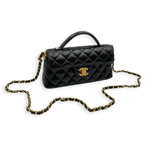 Quilted Top Handle Mini Black Crossbody Bag in Lambskin Gold hardware