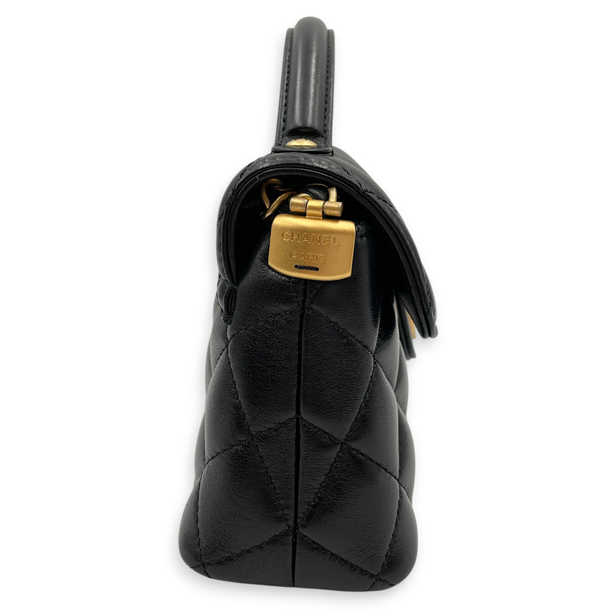 Quilted Top Handle Mini Black Crossbody Bag in Lambskin Gold hardware