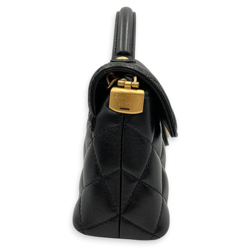 Quilted Top Handle Mini Black Crossbody Bag in Lambskin Gold hardware