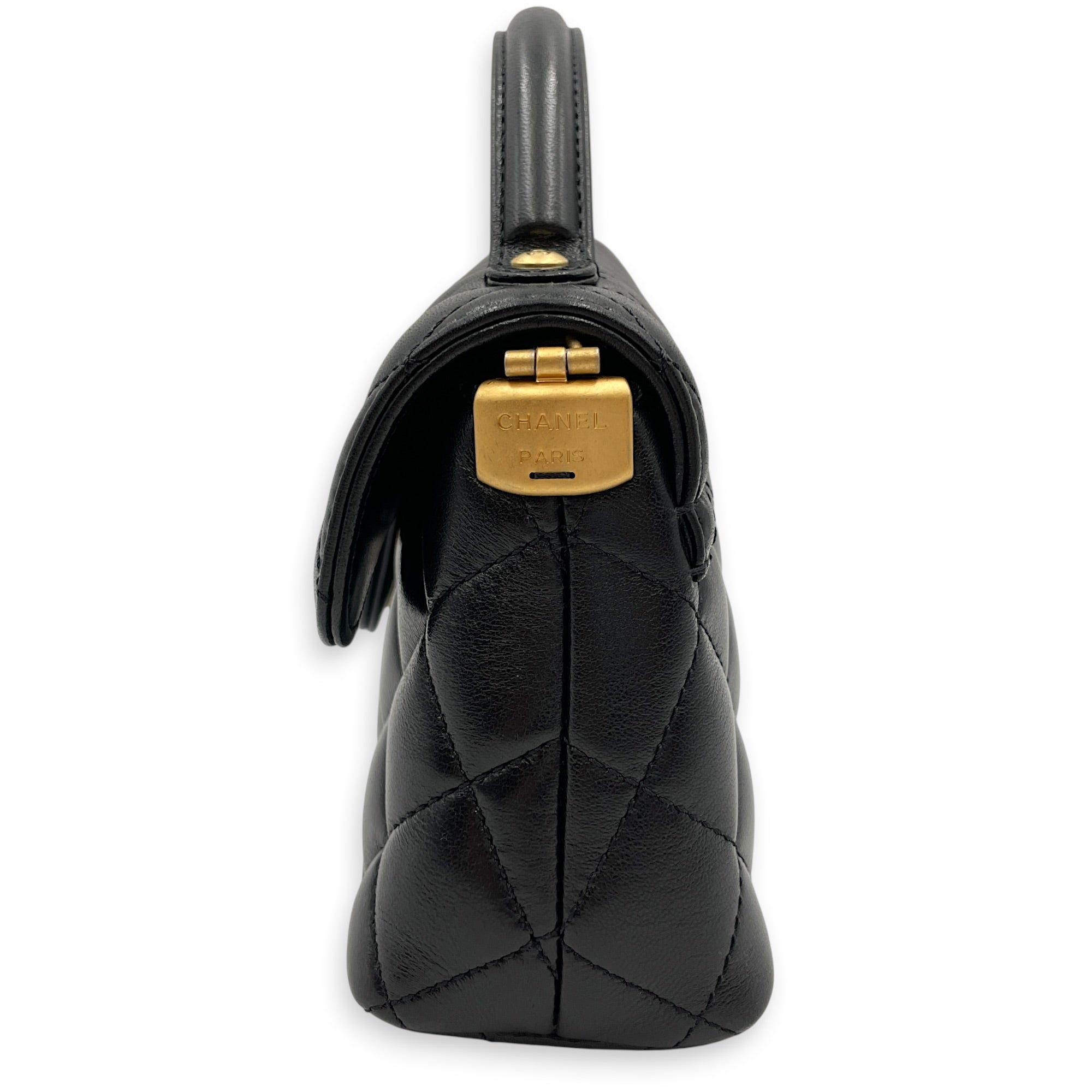 Quilted Top Handle Mini Black Crossbody Bag in Lambskin Gold hardware