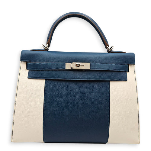 Flag Sellier Kelly 32 Blue Thalassa/Blanc in Epsom Palladium hardware
