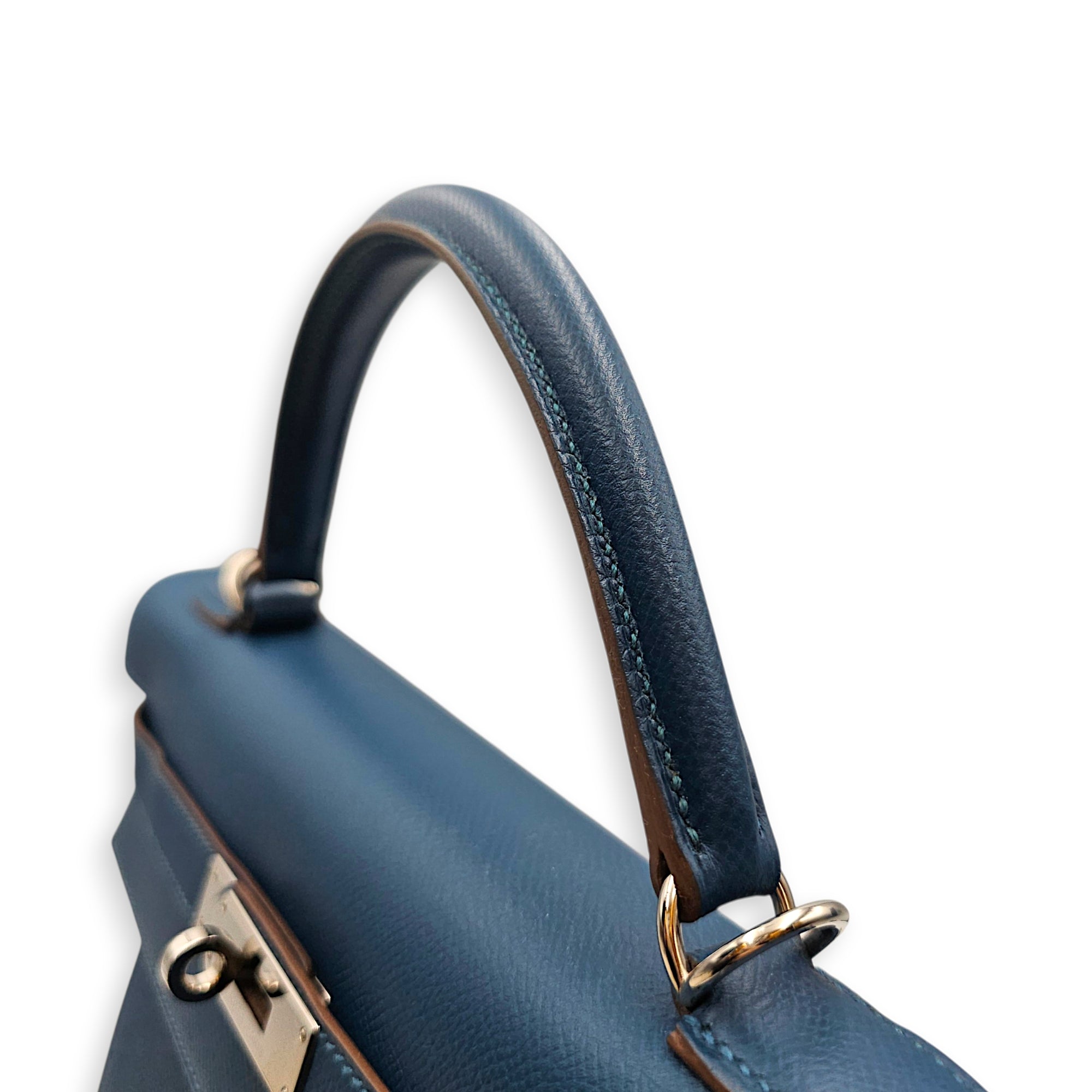 Flag Sellier Kelly 32 Blue Thalassa/Blanc in Epsom Palladium hardware
