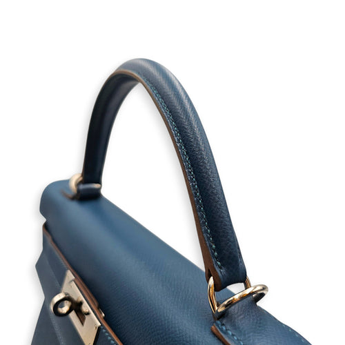 Flag Sellier Kelly 32 Blue Thalassa/Blanc in Epsom Palladium hardware