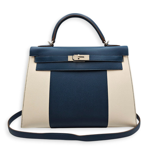 Flag Sellier Kelly 32 Blue Thalassa/Blanc in Epsom Palladium hardware