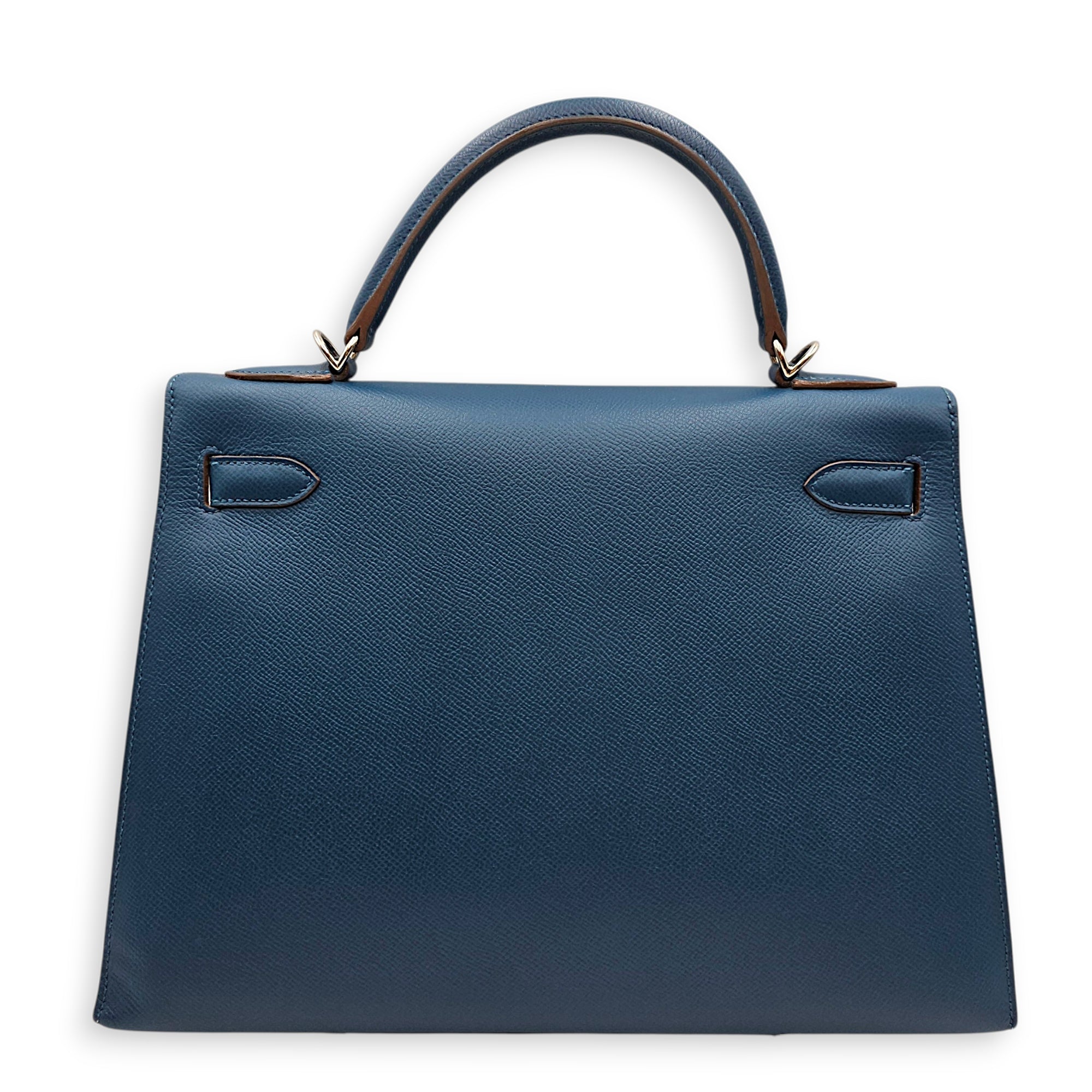 Flag Sellier Kelly 32 Blue Thalassa/Blanc in Epsom Palladium hardware