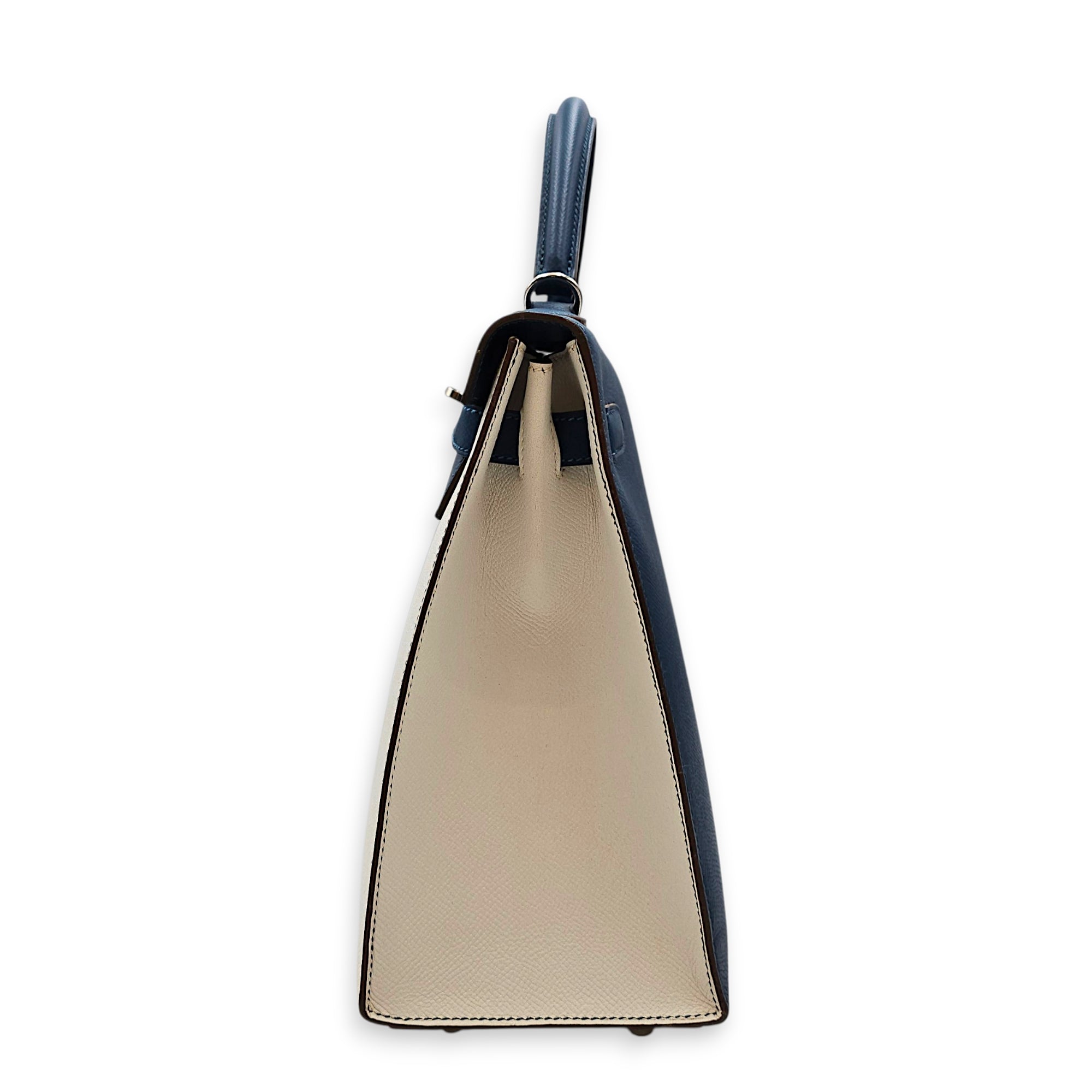 Flag Sellier Kelly 32 Blue Thalassa/Blanc in Epsom Palladium hardware