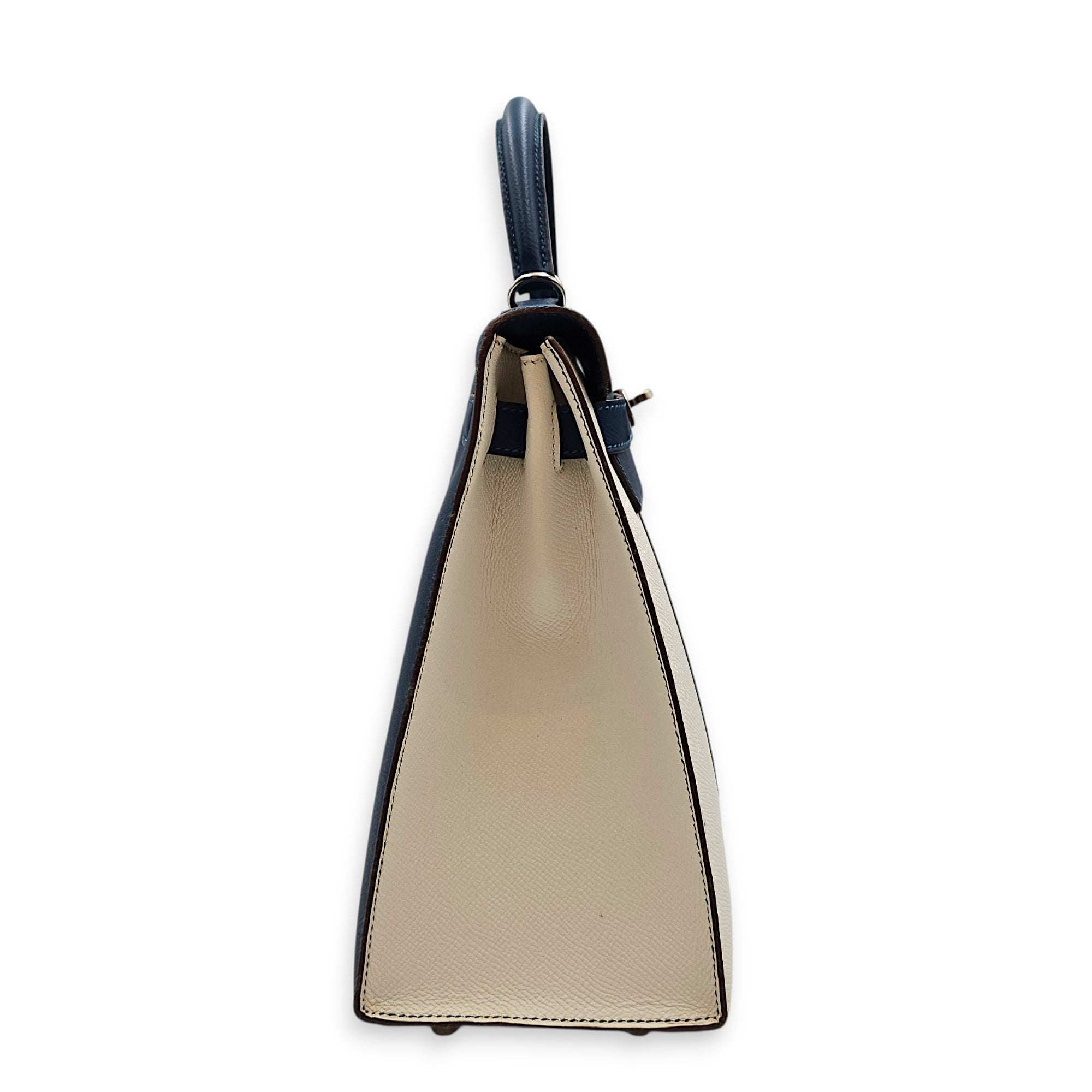 Flag Sellier Kelly 32 Blue Thalassa/Blanc in Epsom Palladium hardware