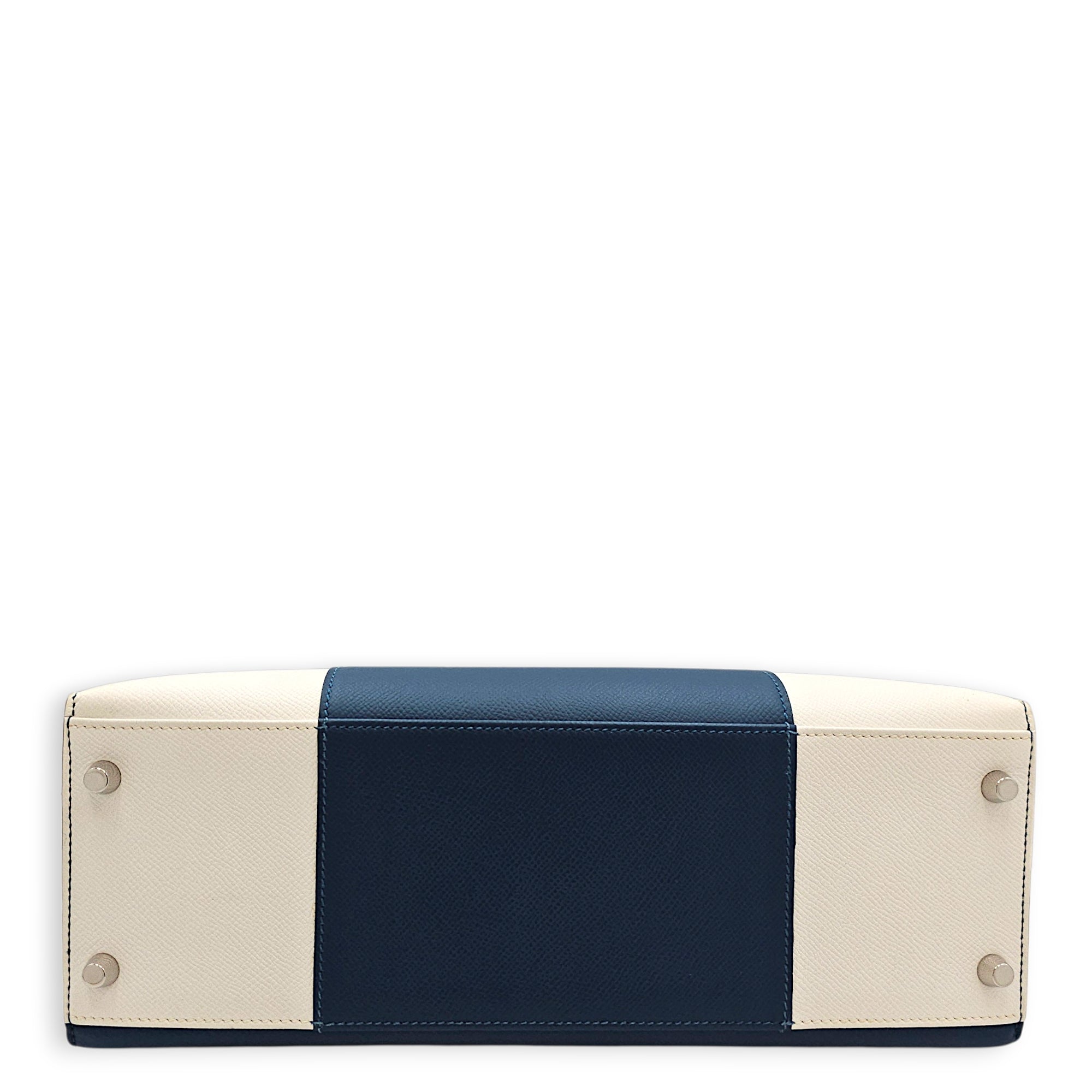 Flag Sellier Kelly 32 Blue Thalassa/Blanc in Epsom Palladium hardware