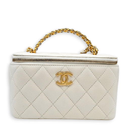 Mini Rectangular Vanity Case White Crossbody Bag in Caviar Leather Gold hardware