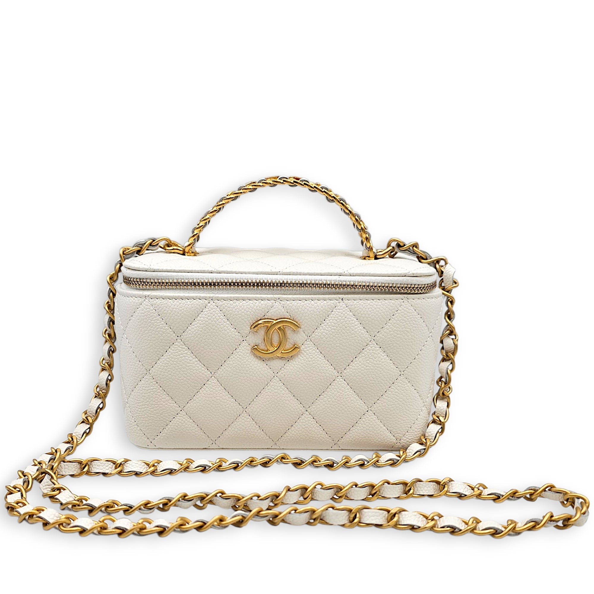 Rectangular Vanity Case Mini White Crossbody Bag in Caviar Leather Gold hardware CL2605-21426 11