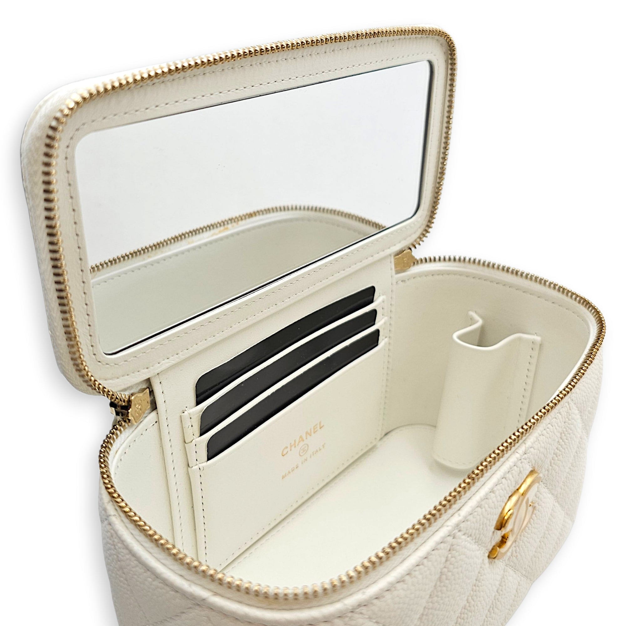 Mini Rectangular Vanity Case White Crossbody Bag in Caviar Leather Gold hardware