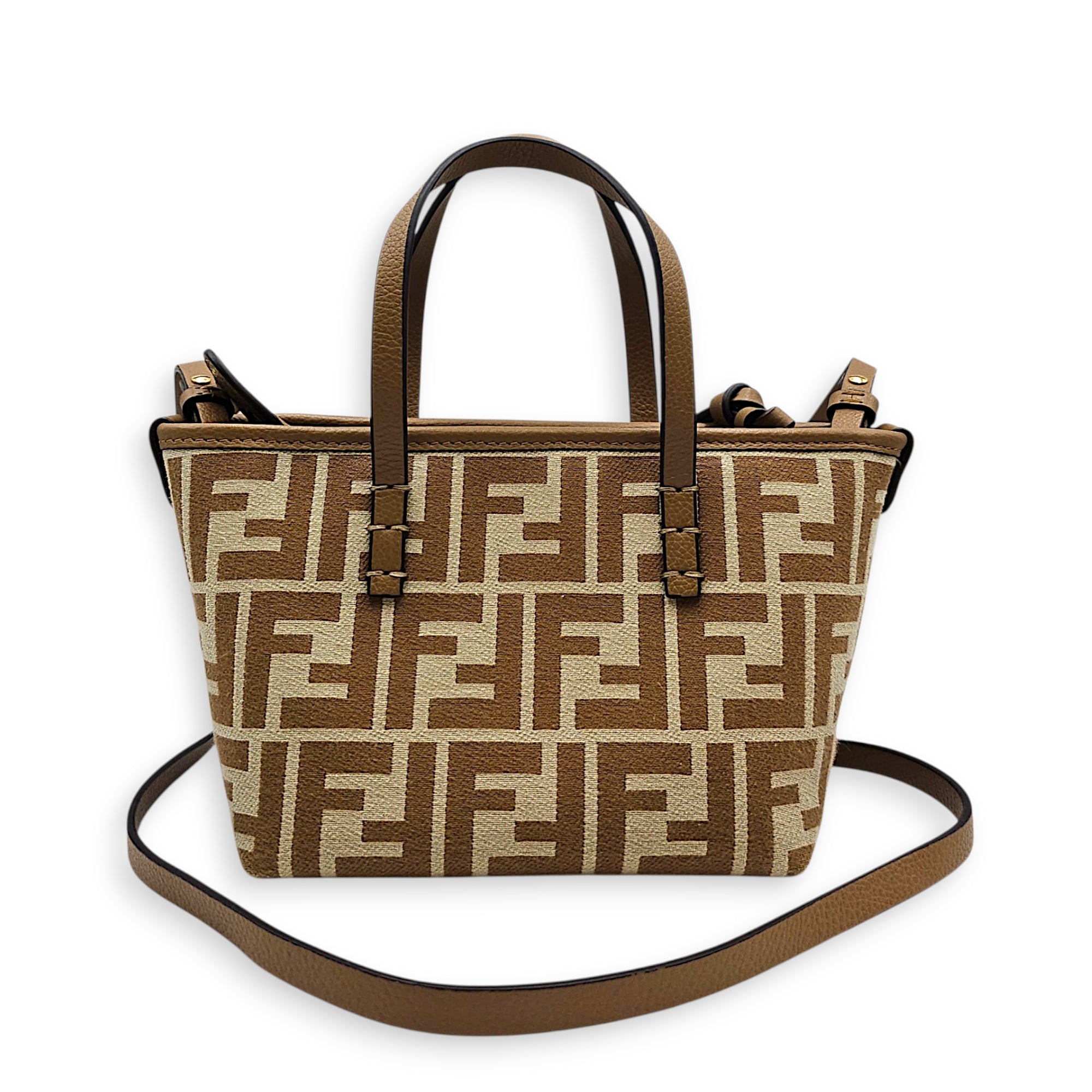 Mini Roll FF Jacquard 15  m Beige Top Handle Bag in Canvas Gold hardware