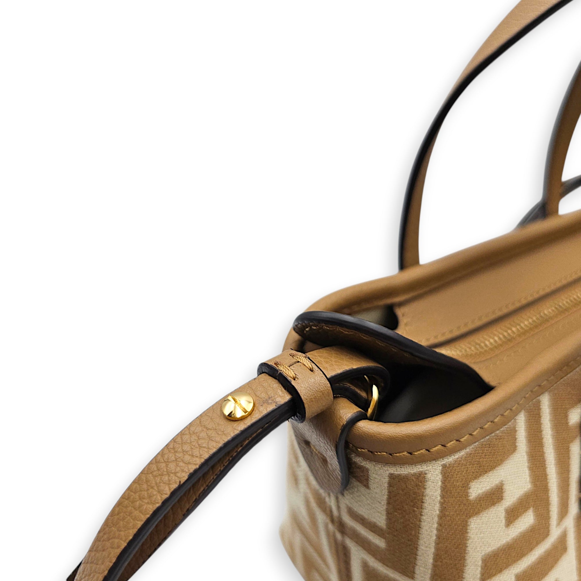 Mini Roll FF Jacquard 15  m Beige Top Handle Bag in Canvas Gold hardware