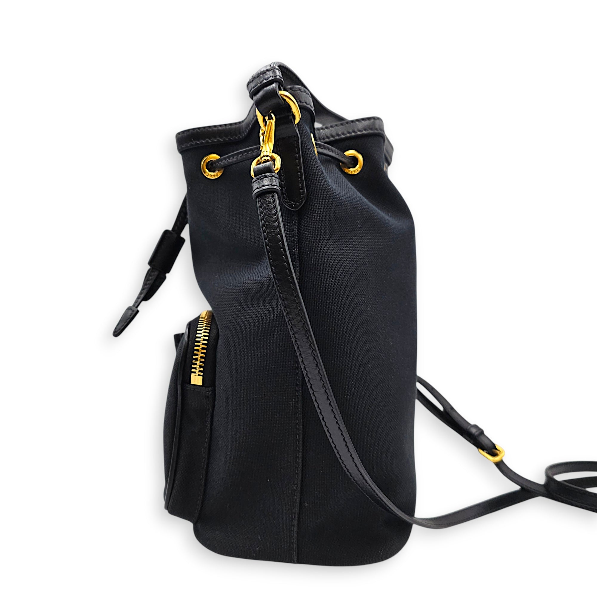 Logo Jacquard Black Bucket Bag in Canvas Gold hardware