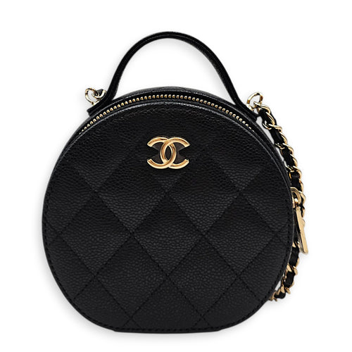 Quilted Mini Round Vanity Bag with Chain Black Crossbody Bag in Caviar Leather Gold hardware