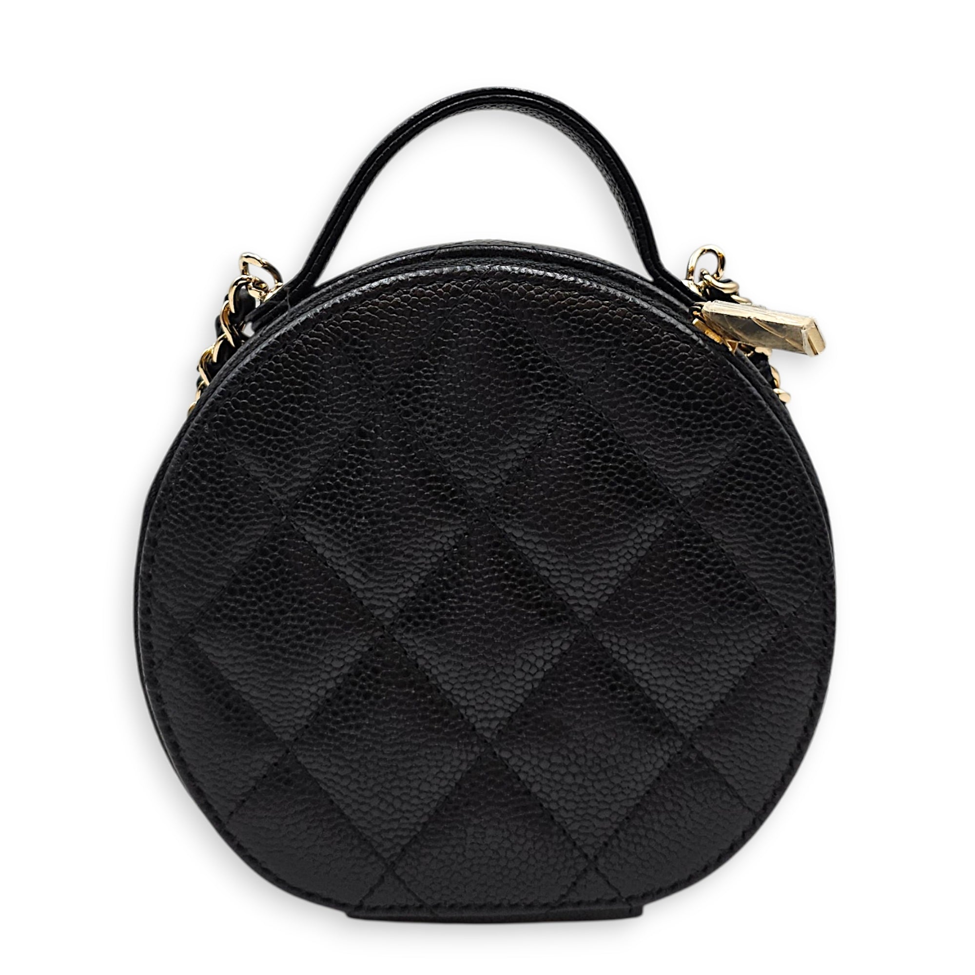 Quilted Mini Round Vanity Bag with Chain Black Crossbody Bag in Caviar Leather Gold hardware