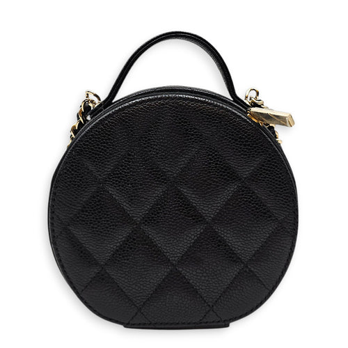 Quilted Mini Round Vanity Bag with Chain Black Crossbody Bag in Caviar Leather Gold hardware